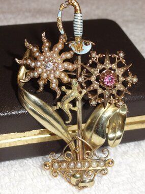 Antique 14k Gold Sword Pin w/ Diamond, Emeralds, Button Pearls & Tourmaline 1900